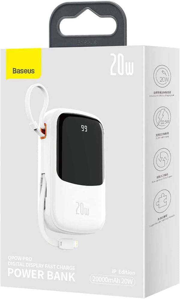 BASEUS CHARGER POWERBANK QPOW PRO WITH CABLE, 20000MAH, 20W - باوربنك 20000 ملي امبير مع كيبل لايتننغ وشاشة رقمية من باسيوس