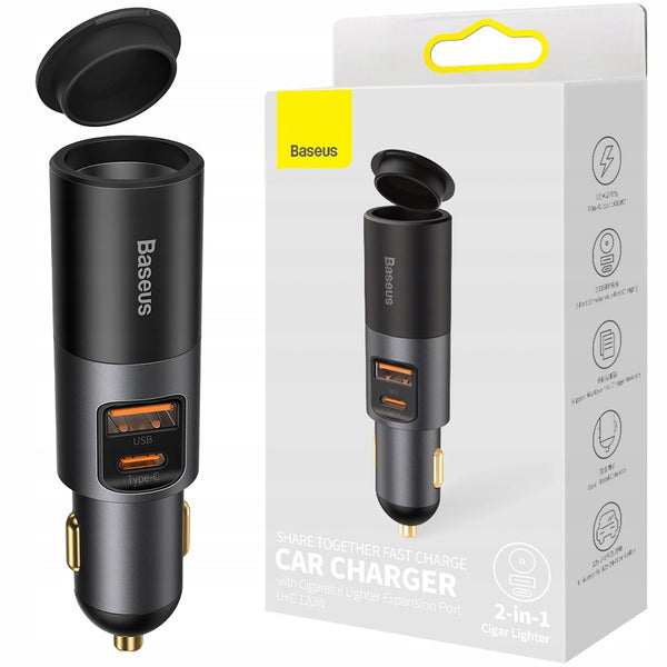 BASEUS CAR CHARGER WITH CIGARETTE LIGHTER EXPANSION PORT U+C 120W - شاحن سيارة 120 واط مع منفذ لولاعة السجائر من باسيوس