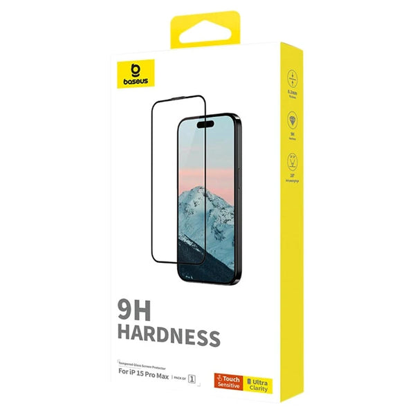 BASEUS 9H HARDNESS TEMPERED GLASS SCREEN PROTECTOR 3D FOR IP 15 PRO MAX - لاصق شاشة شفاف للايفون 15 برو ماكس من باسيوس