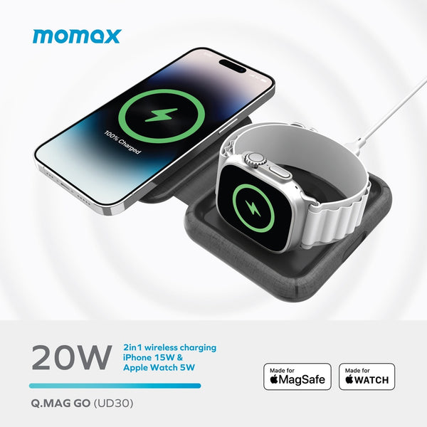 MOMAX Q.MAG GO 20W 2 IN1 WIRELESS WITH MAGSAFE UD30 - شاحن وايرليس  20 واط  2 في 1 من موماكس