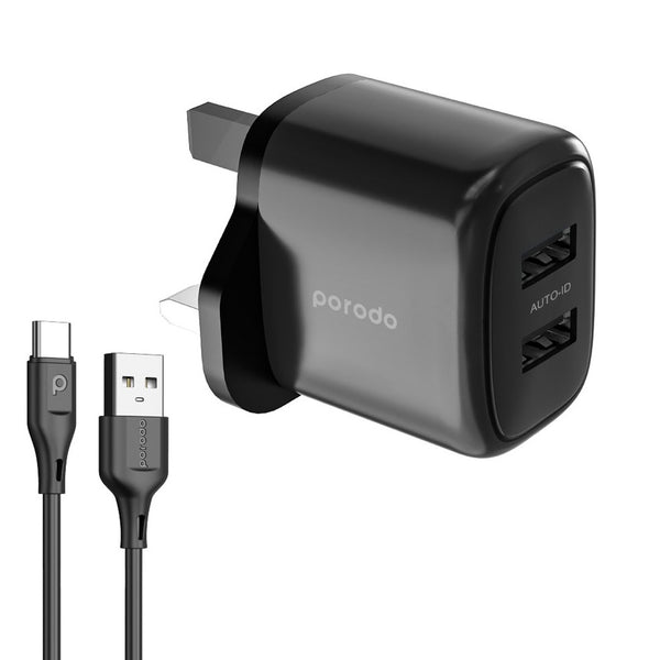 Porodo 12W Double USB  2.4A Charger UK with A-Type C 1.2M cable - شاحن 12 واط مع كيبل تايب سي من بورودو