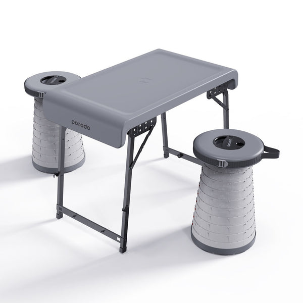 Porodo Camping Foldable Desk and LED (White/Yellow) Stool Set - طاولة مع مقعد عدد 2 قابل للطي للسفر والتخييم من بورودو