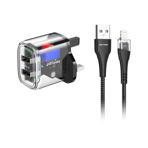 Porodo Dual Output Transparent Charger 2.4A UK with USB-A to Lightning Cable 1.2M - شاحن 12 واط مع كيبل لايتننغ من بورودو