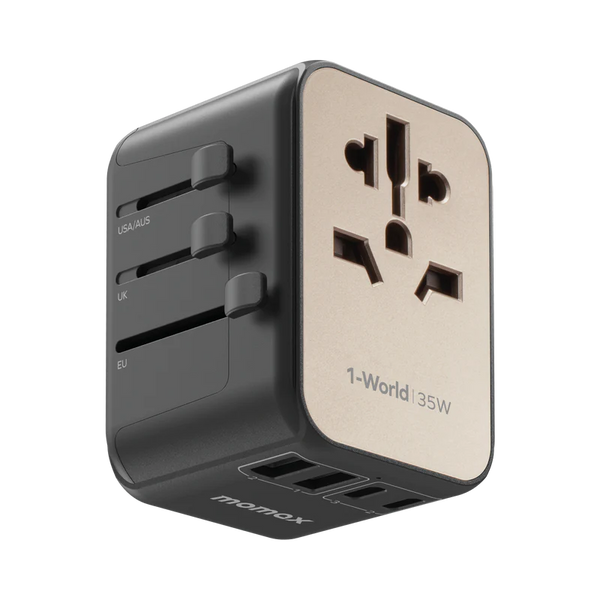 Momax 1-World PD35W 5 ports + AC Travel Adapter Titanium UA9E - شاحن عالمي للسفر 35 واط من موماكس